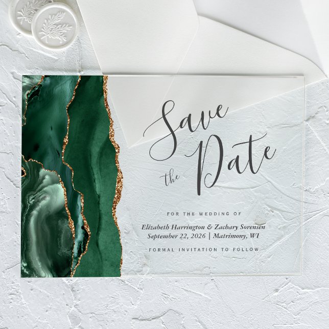 Modern Emerald Green Gold Agate Save the Date Card Acrylic Invitations (Creator Uploaded)