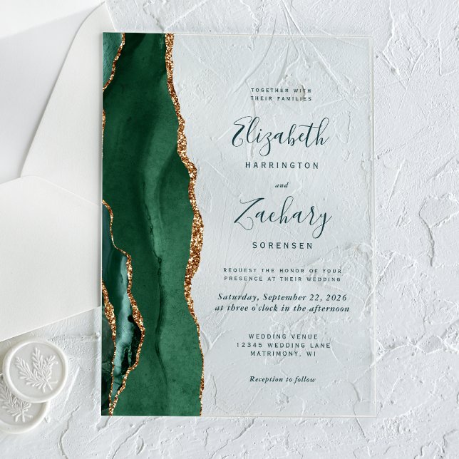 Modern Emerald Green Gold Agate Script Wedding Acrylic Invitations (Creator Uploaded)