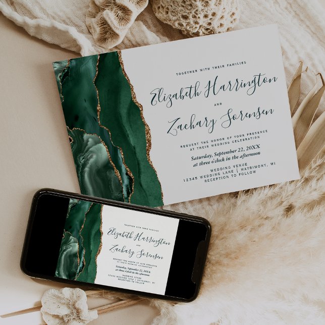 Modern Emerald Green Gold Agate Script Wedding Invitation (Creator Uploaded)