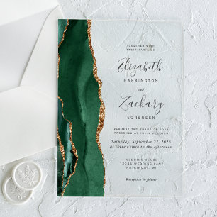 Modern Emerald Green Gold Agate Wedding Acrylic Invitations