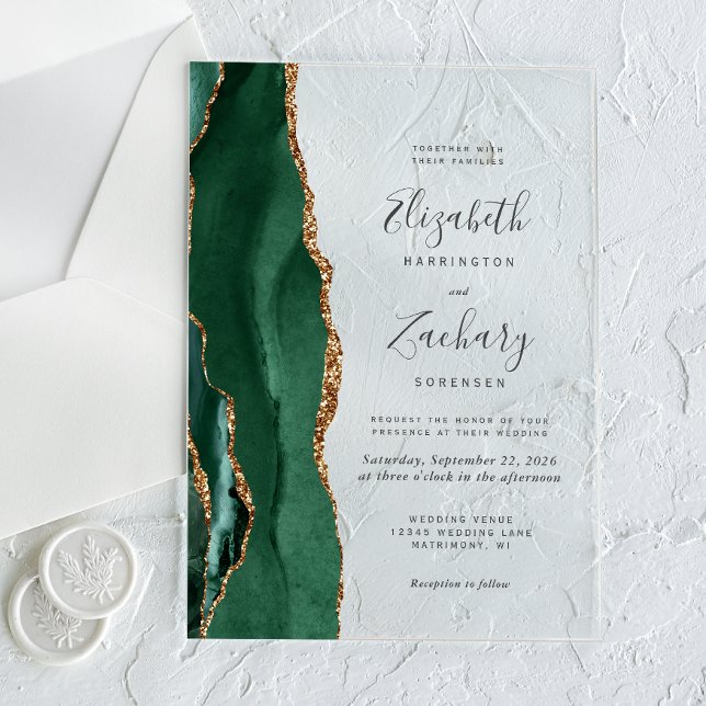 Modern Emerald Green Gold Agate Wedding Acrylic Invitations (Creator Uploaded)
