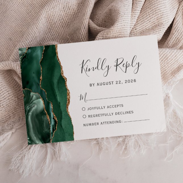 Modern Emerald Green Gold Agate Wedding RSVP Card (Creator Uploaded)