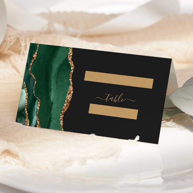 Modern Emerald Green Gold Agate Wedding Table Place Card (Creator Uploaded)