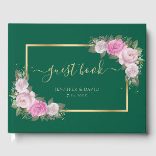 Modern Emerald Green Gold Blush Floral Wedding Guest Book