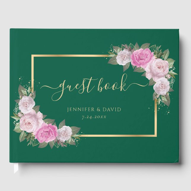 Modern Emerald Green Gold Blush Floral Wedding Guest Book (Front)