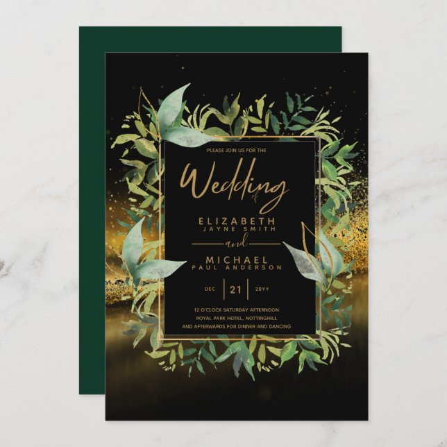 Modern Emerald Green Gold Greenery Wedding Invites (Front/Back)