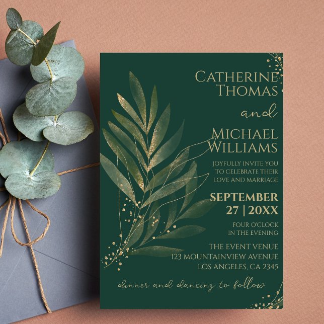 Modern Emerald Green Gold Leaf Wedding Monogram Invitation (Creator Uploaded)