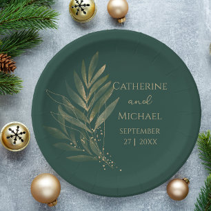 Modern Emerald Green Gold Leaf Wedding Monogram Paper Plate