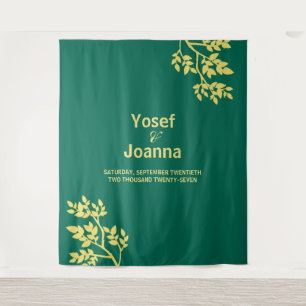 Modern Emerald Green Gold Leaf Wedding Tapestry