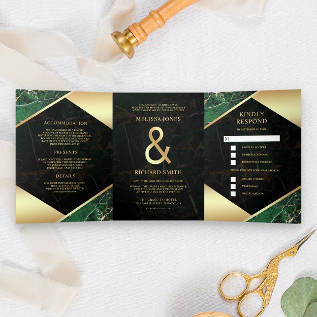 Modern Emerald Green Gold Marble Ampersand Wedding Tri-Fold Invitation (Creator Uploaded)