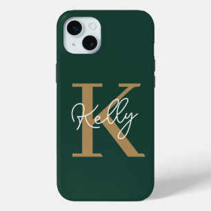 Modern Emerald Green Gold Monogram Script iPhone 15 Mini Case
