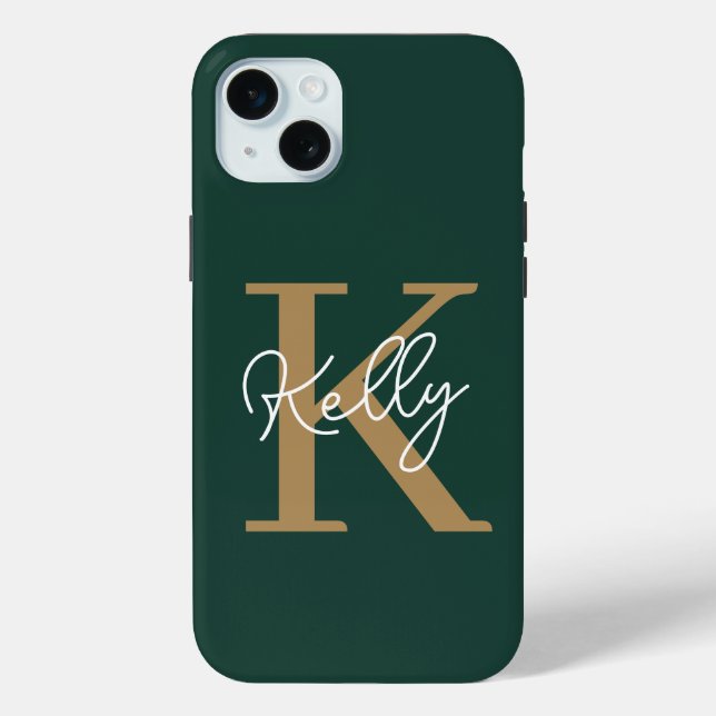 Modern Emerald Green Gold Monogram Script Case-Mate iPhone Case (Back)