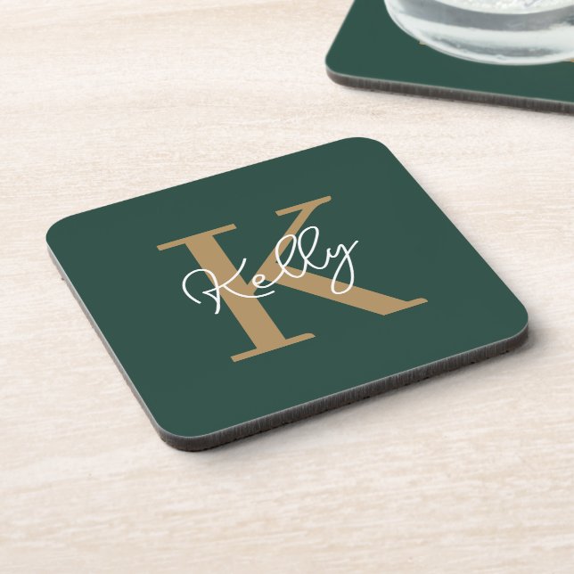Modern Emerald Green Gold Monogram Script Coaster (Left Side)