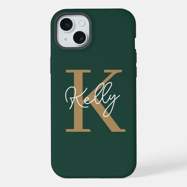 Modern Emerald Green Gold Monogram Script iPhone Case (Back)
