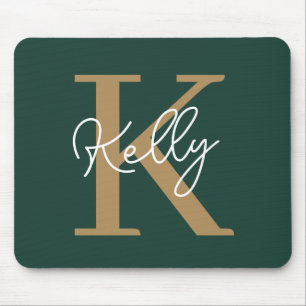 Modern Emerald Green Gold Monogram Script Mouse Pad