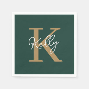 Modern Emerald Green Gold Monogram Script Napkin