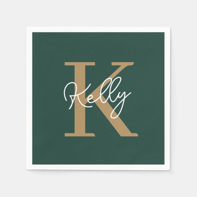 Modern Emerald Green Gold Monogram Script Napkin (Front)