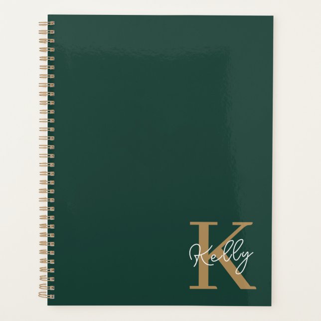 Modern Emerald Green Gold Monogram Script Planner (Front)