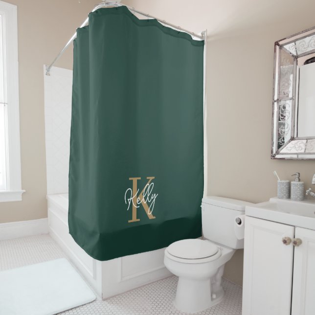 Modern Emerald Green Gold Monogram Script Shower Curtain (In Situ)