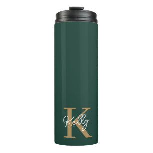 Modern Emerald Green Gold Monogram Script Thermal Tumbler