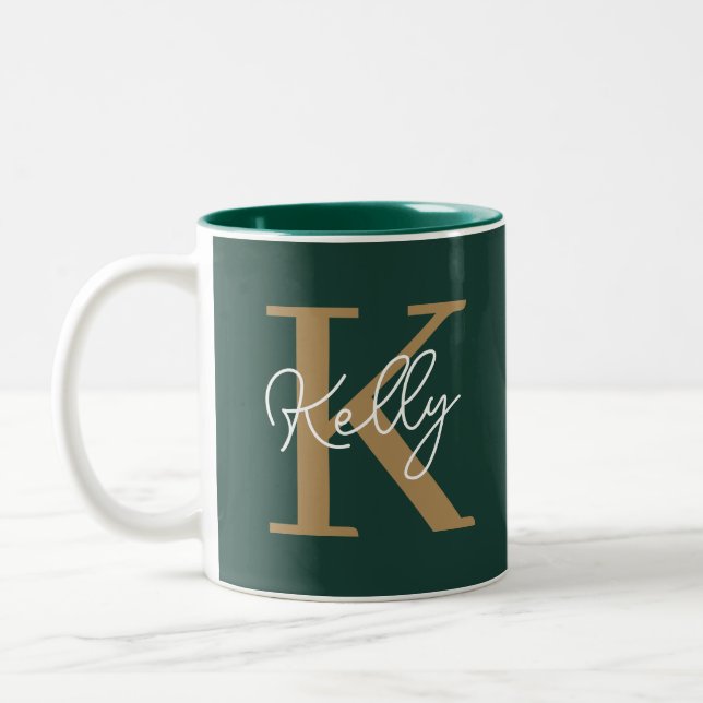 Modern Emerald Green Gold Monogram Script Two-Tone Coffee Mug (Left)