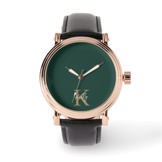 Modern Emerald Green Gold Monogram Script Watch (Front)