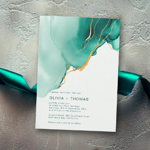 Modern Emerald Green Gold Waves Beach Wedding Invitation