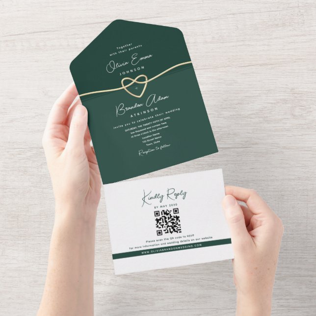 Modern Emerald Green Gold Wedding All In One Invitation (Tearaway)