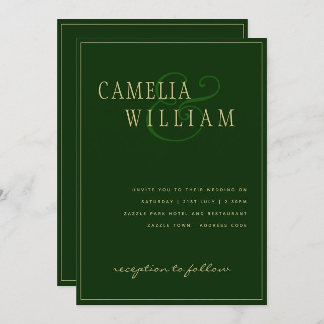 Modern Emerald Green Gold Wedding Invitation (Front/Back)
