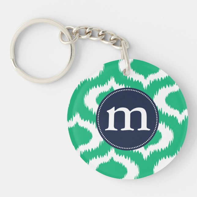 Modern Emerald Green Ikat Diamonds Personalised Key Ring (Front)
