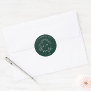 Modern Emerald Green Leafy Crest Monogram Wedding Classic Round Sticker