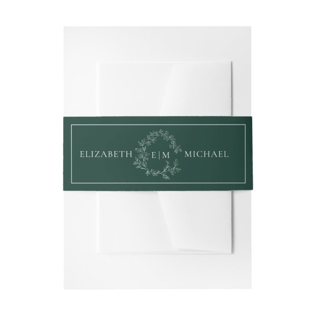 Modern Emerald Green Leafy Crest Monogram Wedding Invitation Belly Band (Front Example)