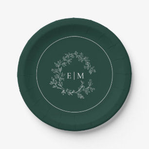 Modern Emerald Green Leafy Crest Monogram Wedding Paper Plate