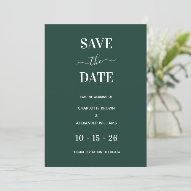 Modern Emerald Green Minimal Save The Date (Standing Front)