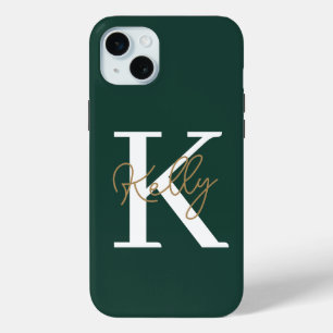 Modern Emerald Green Monogram Script iPhone 15 Mini Case