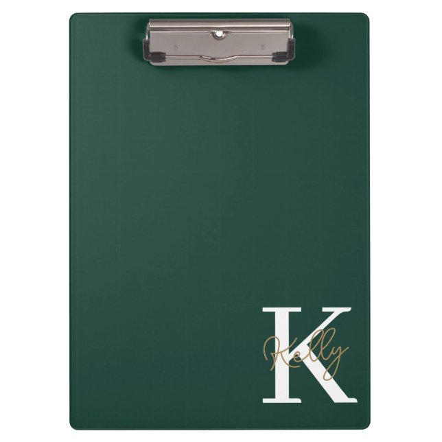 Modern Emerald Green Monogram Script Clipboard (Front)