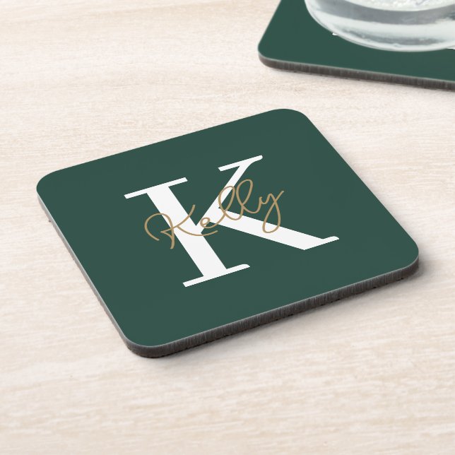 Modern Emerald Green Monogram Script Coaster (Left Side)