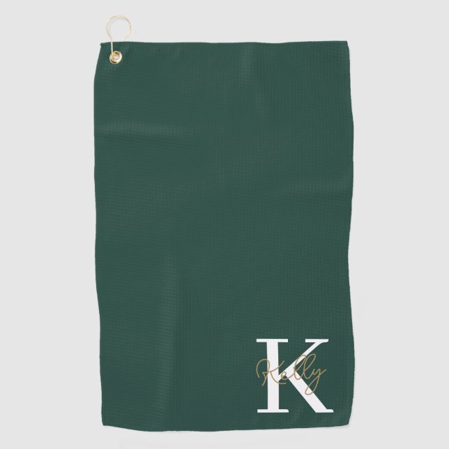 Modern Emerald Green Monogram Script Golf Towel (Front)