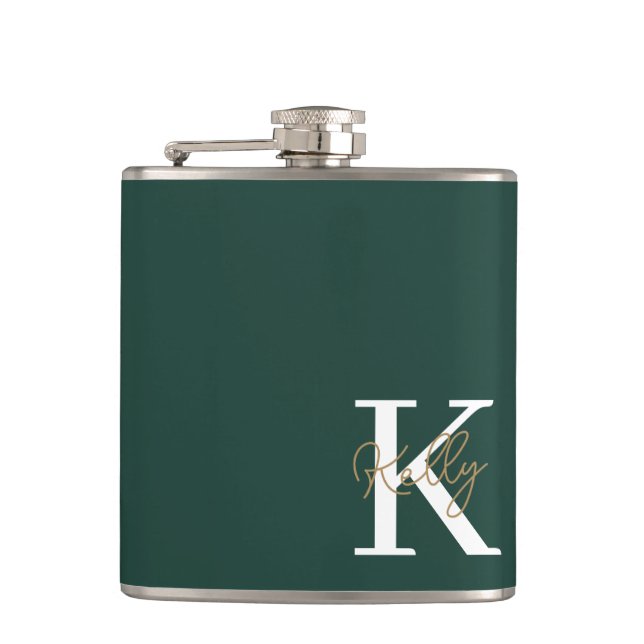 Modern Emerald Green Monogram Script Hip Flask (Front)