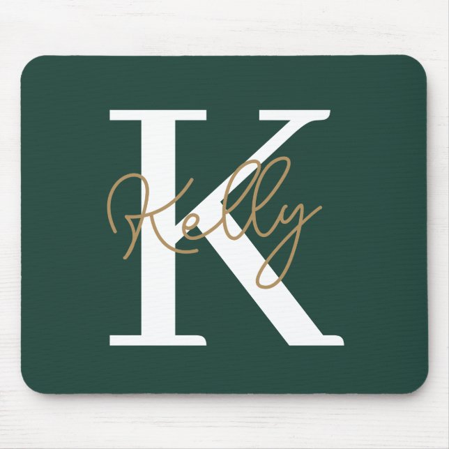 Modern Emerald Green Monogram Script Mouse Pad (Front)
