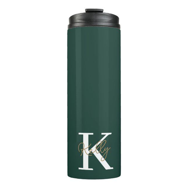 Modern Emerald Green Monogram Script Thermal Tumbler (Front)