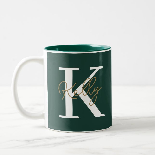 Modern Emerald Green Monogram Script Two-Tone Coffee Mug (Left)
