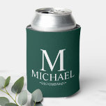 Modern Emerald Green Personalised Groomsman Can Cooler<br><div class="desc">Modern Personalised Groomsman Gifts
featuring personalised monogram,  groomsman's name and title in white classic serif font style on emerald green background.

Also perfect for Best Man,  Father of the Bride and more.</div>