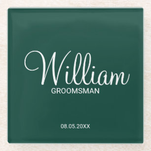Modern Emerald Green Personalised Groomsman Glass Coaster