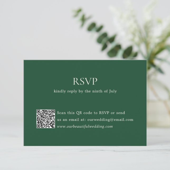 Modern Emerald Green QR Code Elegant Wedding RSVP Card (Standing Front)