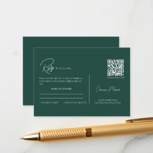 Modern Emerald Green QR Code Script Wedding RSVP Enclosure Card