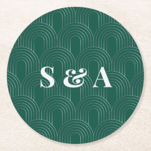 Modern Emerald Green & Silver Arch Round Paper Coaster