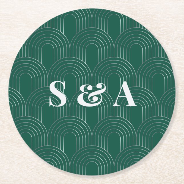 Modern Emerald Green & Silver Arch Round Paper Coaster (Front)