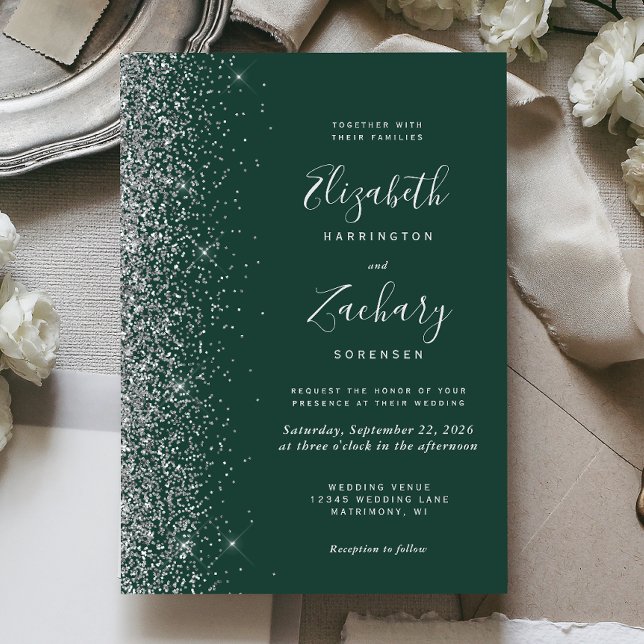 Modern Emerald Green Silver Faux Glitter Wedding Invitation (Creator Uploaded)