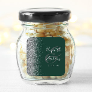 Modern Emerald Green Silver Glitter Edge Wedding Square Sticker